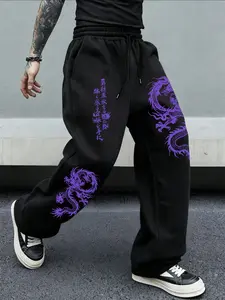 Men's Dragon Japanese Calligraphy Print Drawstring Wide Leg Sweatpants, Flowy Straight Pants, Streetwear Fashion