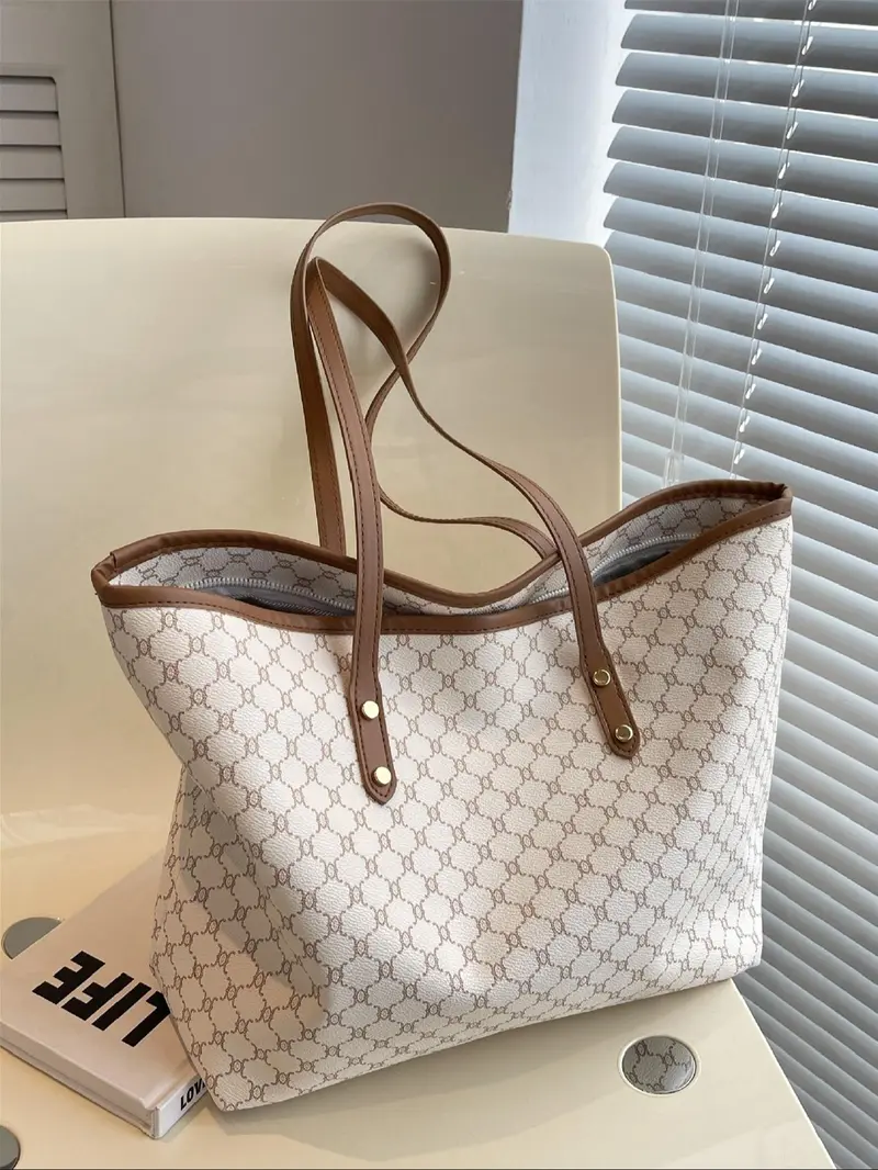 Fashion All Over Presbyopia Pattern Zippered Tote Bag, Casual Versatile PU Leather Zipper Shoulder Bag for Women, Trendy Casual Commuting Bag for Daily Used, Casual Everyday Bag, Fashionable Patterned Bag, Fashionable Versatile Purse, Stylish Tote Bags