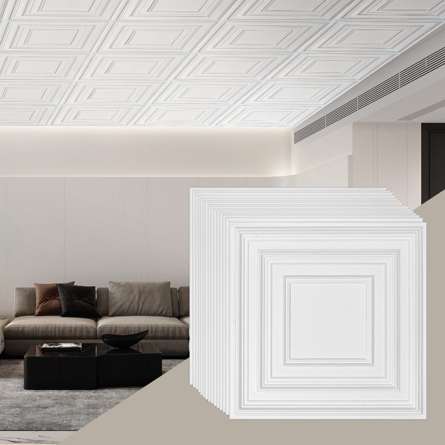 VEVOR Ceiling Tiles, 12-Pack 24x 24 in, Drop Ceiling Tiles Premium PVC Sheet, Easy Installation/ Cutting Plastic Glue-up Ceiling Tile, Ceiling Covering for Home/Office Decoration, White Peg Pattern