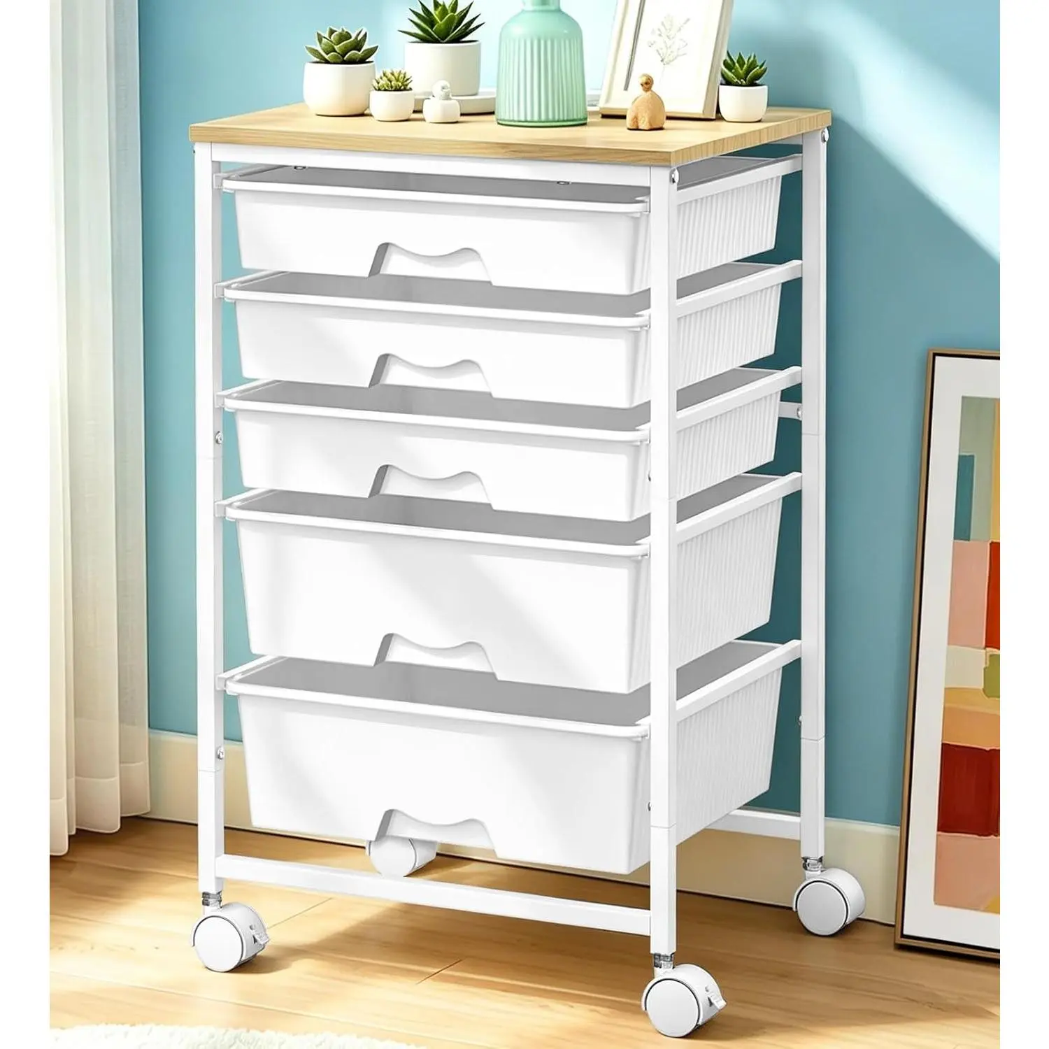 Rolling Carts with 5 Drawers, Storage Drawer Carts for Craft, White | Rolling Utility Cart with Wooden Tabletop & 2 Lockable Wheels, Teacher Storage Cart for Classroom School, Makeup, , Art