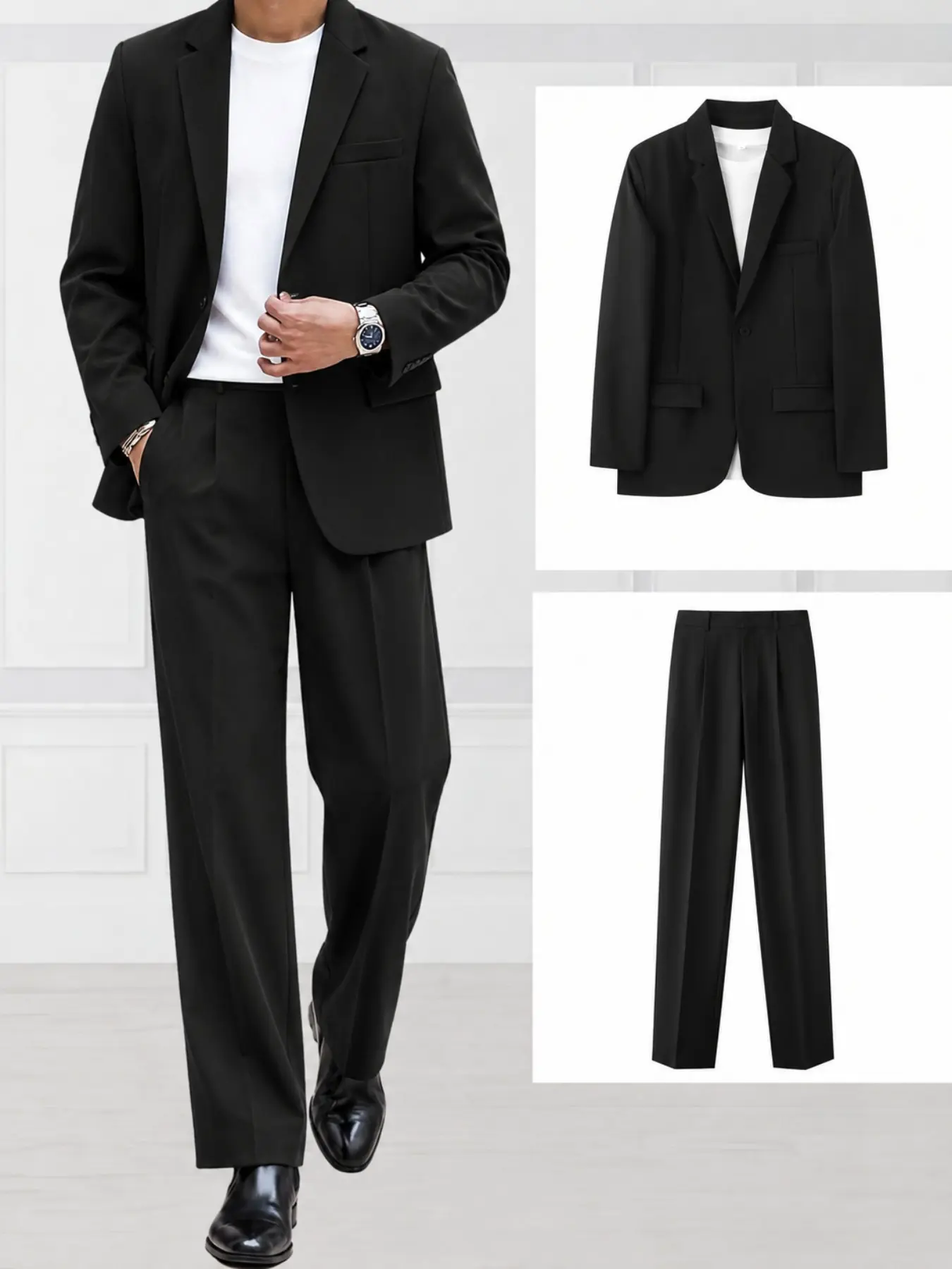 Men's Loose Fit Plain Suit Set, Wide Leg Floor-Length Pants, Casual Vacuum Single Button Blazer, Two-Piece Suit, Comfortable and Stylish