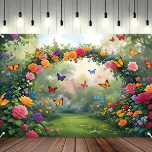 Spring Flowers Butterflies Backdrop Garden Bloom Style Tapestry Wall Hanging, Spring Photography Background, Premium Polyester Decorative Banner for Patio Decor, Living Room Display, Event Venue, Indoor Outdoor Decoration