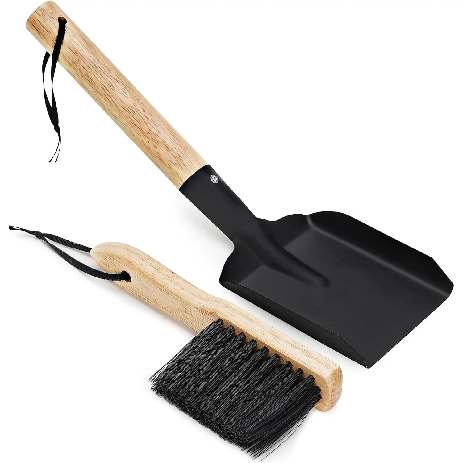 Fireplace Ash Shovel & Hearth Brush Set - Fire Pit Cleaning Tools with Metal Dustpan, Natural Wood & Coco Bristles, Wider Scoop