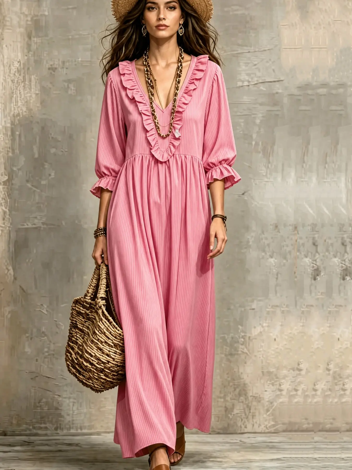 2026 Summer Women Striped Boho Maxi Dress, Bohemian Dress, Ruffle V Neck, 3/4 Puff Sleeve, Empire Waist, Loose Flowy, Casual Vacation Beach Dress