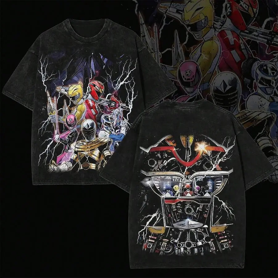 Menswear Round Neck Short-Sleeve Retro 90s Power Rangers Mixed Team Washed Graphic T-Shirt - Vintage Morphin' Grid Warrior Cotton Streetwear Top, Cosplay Tee, Shortsleeve, Tshirt