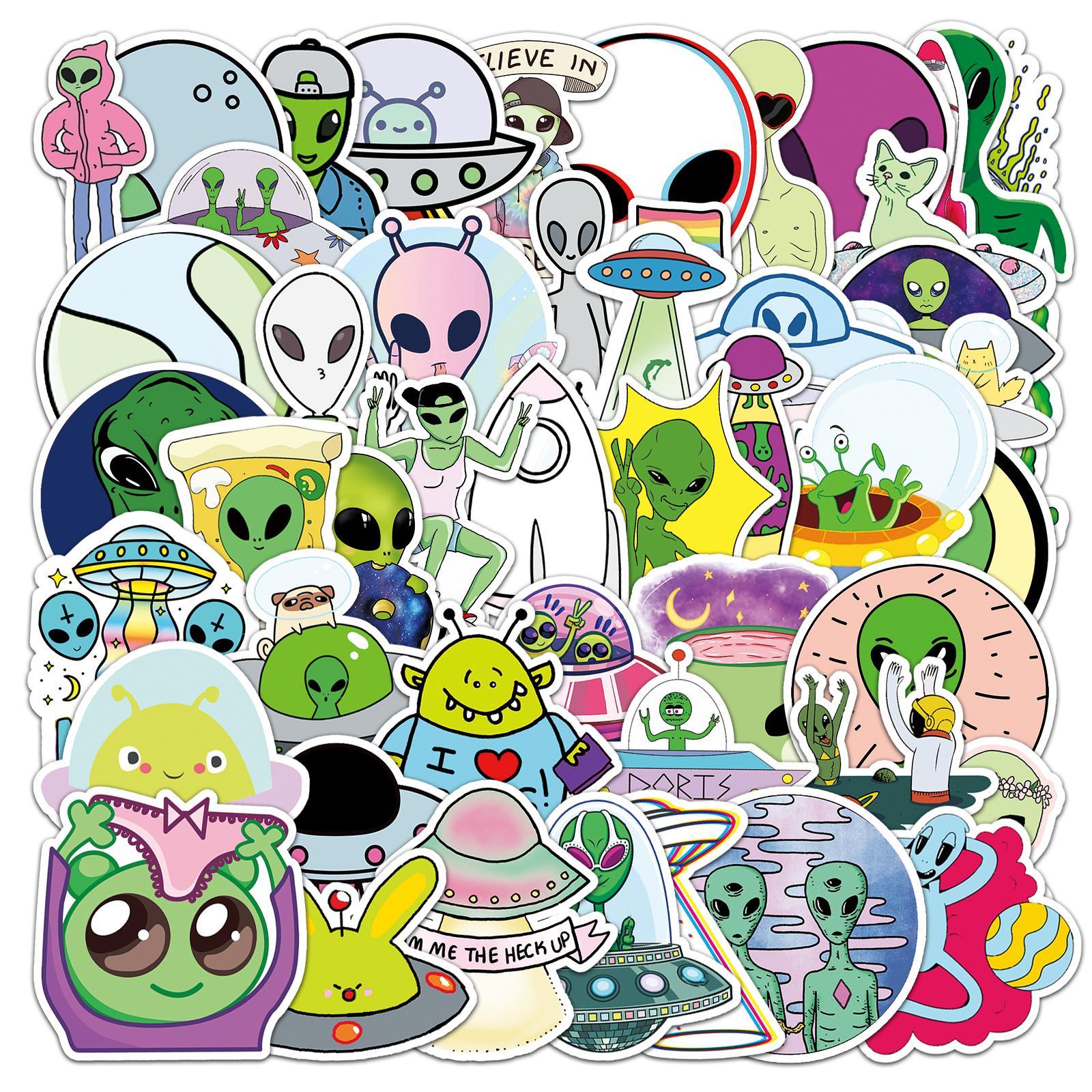 Alien Pattern Sticker, 50pcs/set Cute Cartoon Sticker, Decorative Sticker for Scrapbooking, Journaling, Gift Wrapping, Funny Stickers