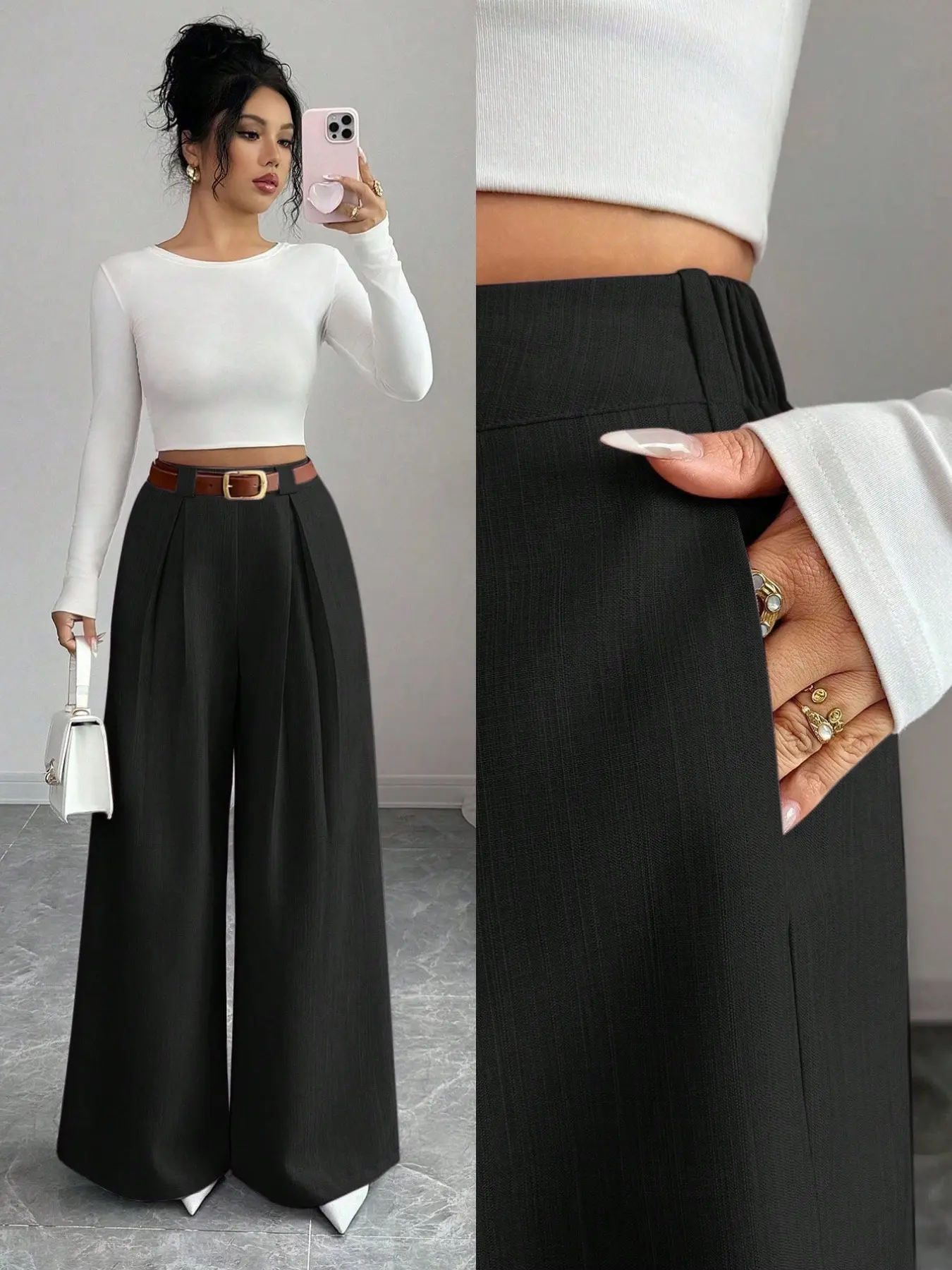 Solid Color Waistband Elastic Pleated Wide Leg Pants, Comfortable and Stylish Office Wear, Perfect for Daily Use and Professional Settings