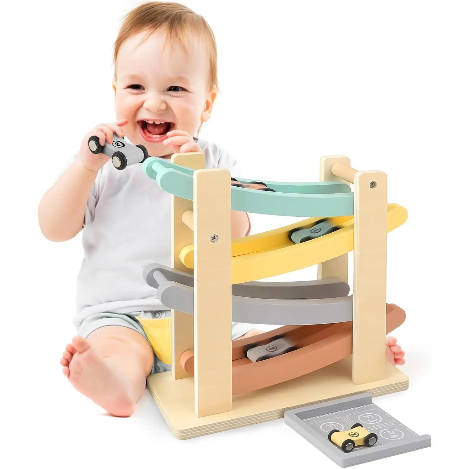 Car Ramp Toys for One Year Old Boy Birthday Gifts, Wooden Montessori Toys for 1 2 Year Old, Race Track Truck Toy with 4 Mini Cars, First Christmas Birthday Gifts for Toddlers 1-3-2-4fidget toys