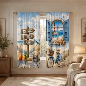2pc, 2D flat printing, summer seaside resort style print, installed by pole method, digital printing curtains. Polyester filter, suitable for living room, kitchen, bedroom, study, hotel, restaurant, home decoration.