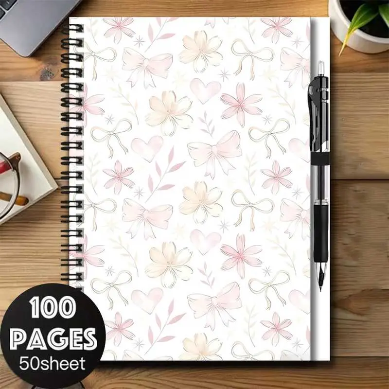 A set of beautiful 2D floral and bow pattern spiral notebook and pen set, a great aid for work and study, suitable for journaling, daily planning, and note-taking, with an exquisite appearance and a large capacity of 100 pages. An excellent choice for gra