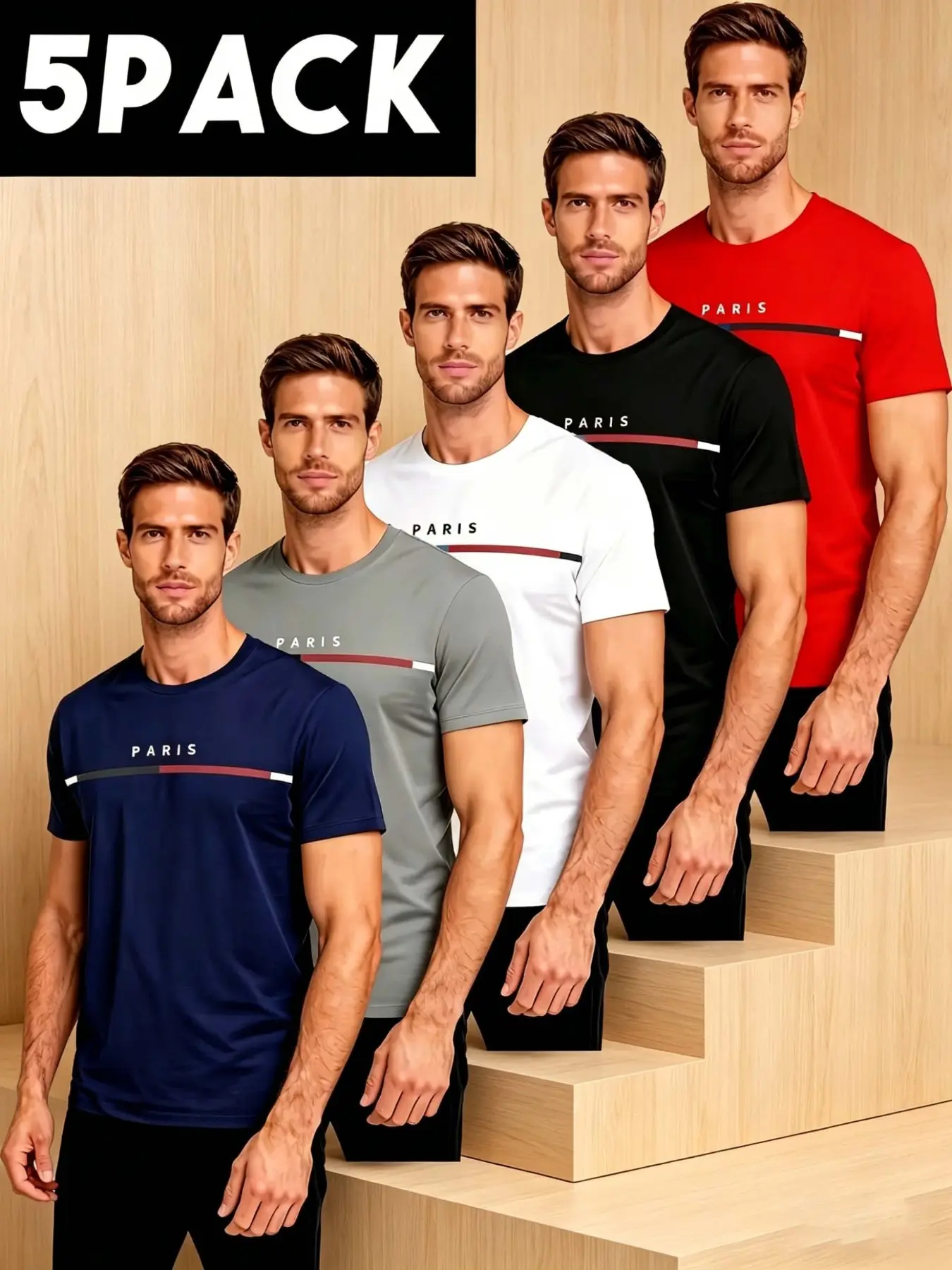 5-Pack Men's Outdoor Sport Short Sleeve T-Shirts, Letter Print Round Neck, Fitted Casual Wear, Athletic Tee, Long Clothing, No Button, China Made