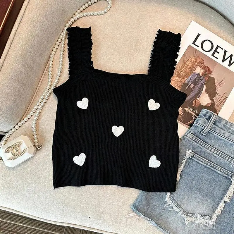 Women Crop Cami Summer Top Heart Embroidered Lettuced Hem Sleeveless Rib Knit Camisole Tanks Cute Coquette Y2K Girly Style