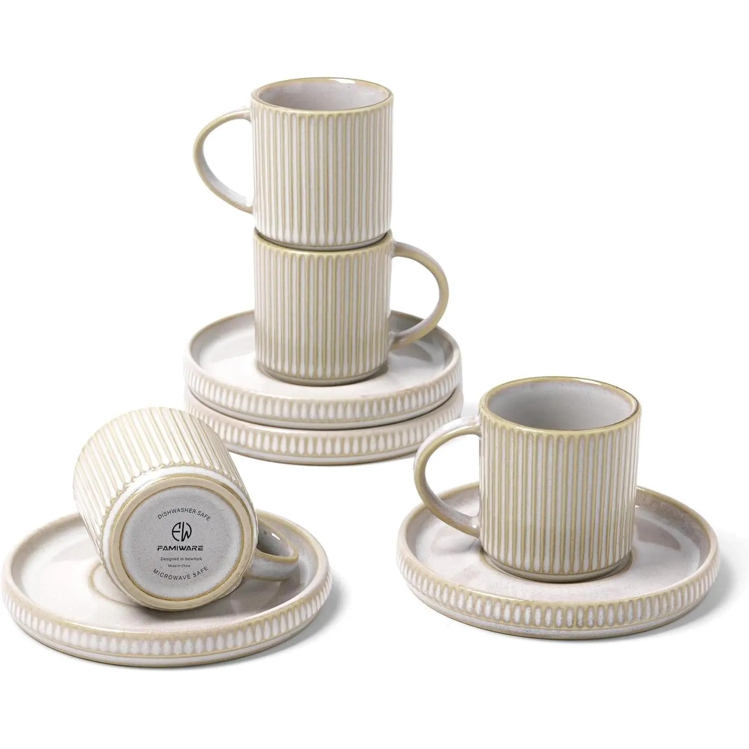 Star Espresso Cups and Saucers Set of 4, 3 oz Mini Ceramic Coffee Mugs with Handle, Ribbed Stoneware Demitasse Cups for Tea Latte Cappuccino, Microwave & Dishwasher Safe, White