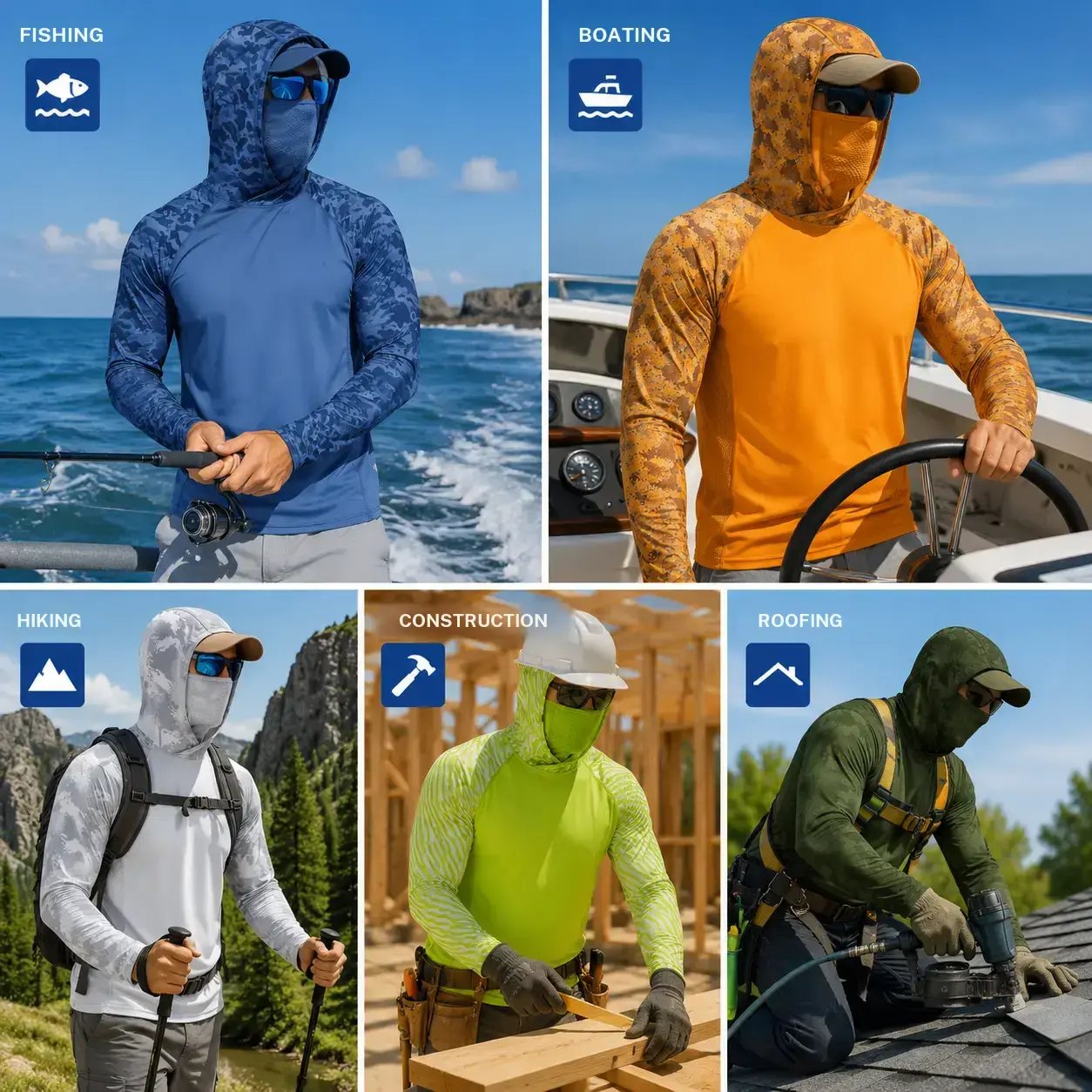 【RODEEL】915 Sun Hoodie Shirts w/ Mask Neck Gaiter Men UPF 50+ UV Protection Long Sleeve Lightweight Quick Dry Moisture Wicking Breathable Athletic Activewear for Outdoor Fishing Boating Hiking Construction Roofing Landscaping SummerWins