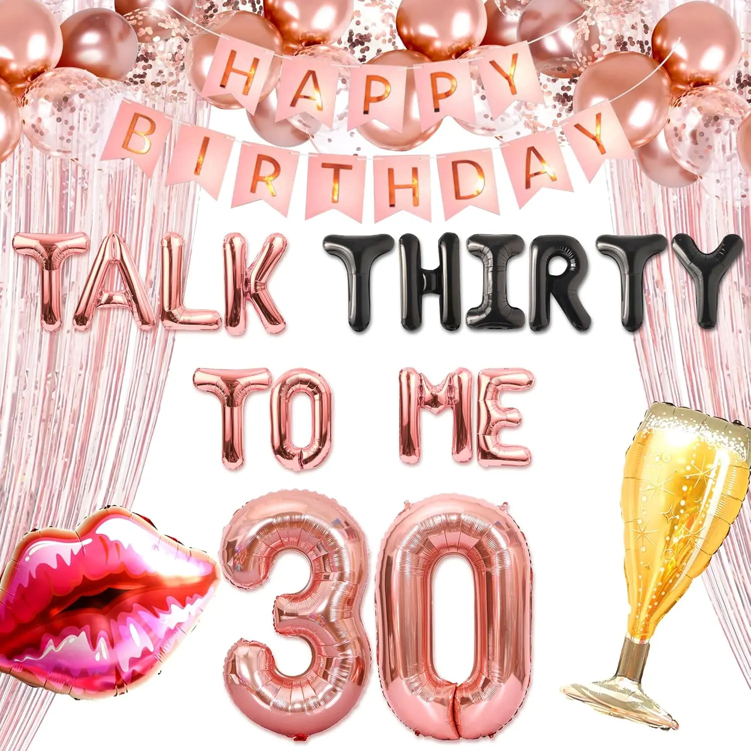 53-Piece Rose Gold Latex "Talk 30 to Me" Balloon Set with Rain Curtain & Banner, Funny Theme 30th Birthday Party Decorations for Her (Dirty 30)