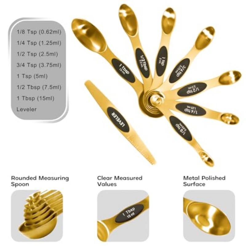 Magnetic Measuring Cups and Spoons Set Including 7 Stainless Steel Nesting Golden Measuring Cups and 8 Magnetic Golden Measuring Spoons with 1 Leveler for Cooking and Baking
