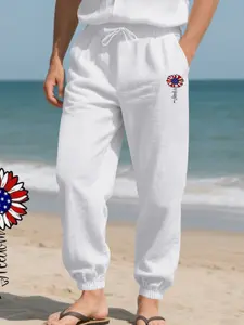 Men's Loose Hemp Casual Pants, Fitted Fall Beachwear, Plain Surface, Lightweight <88.2g/m², Trendy Sportswear for All Seasons