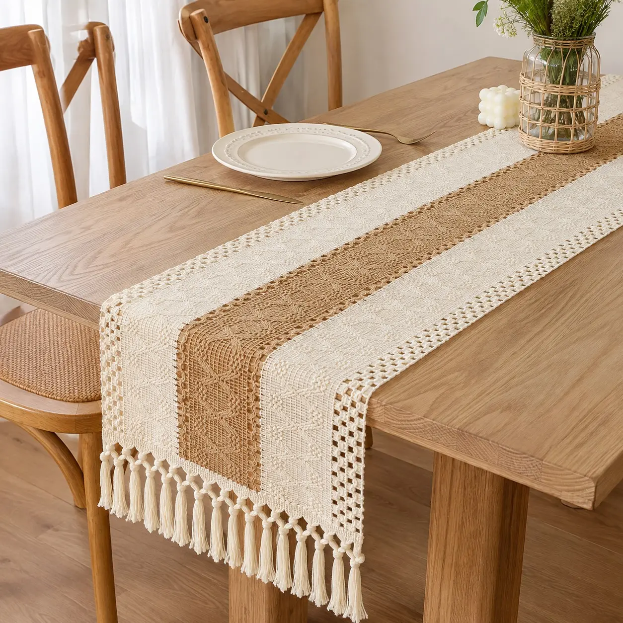 72 inch Boho Table Runner with Tassels | Aesthetic Fall Decor, Durable Fabric, Rustic Woven Dining Table Runner, Easy Care, Everyday Table Scarf For Farmhouse Kitchen Dining Room Macrame Burlap Coffee Table Decoration Dresser Runner Pottery Barn Furniture