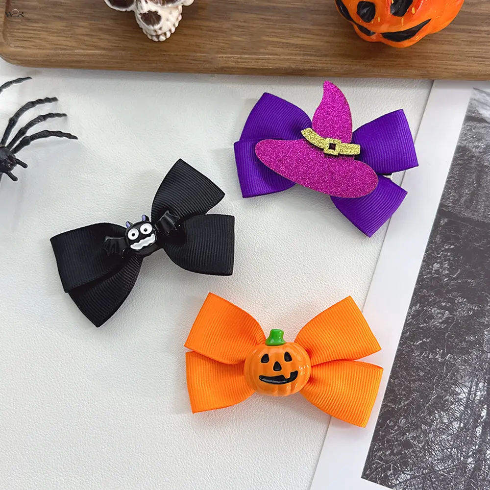 Halloween Bow Hair Clips, Cute Bat Pumpkin Witch Hat Ribbon Bow Alligator Hair Barrettes, Halloween Party Cosplay Hair Accessories for Girls Kids, 3 Styles Available