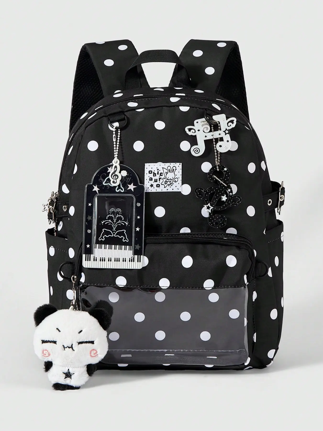 Unisex Preppy Style Backpack, Multi-Pocket Design, Piano Key Pattern, Panda Decoration, Star Zipper, Ideal for Commuting & School, College School Backpack, Kawaii Backpack