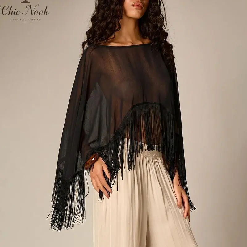 Women’s Chiffon Ruffle Shawl Wraps Boho Sheer Flowy Cropped Poncho Top Sexy See Through Shirt Cover Up Summer Cape