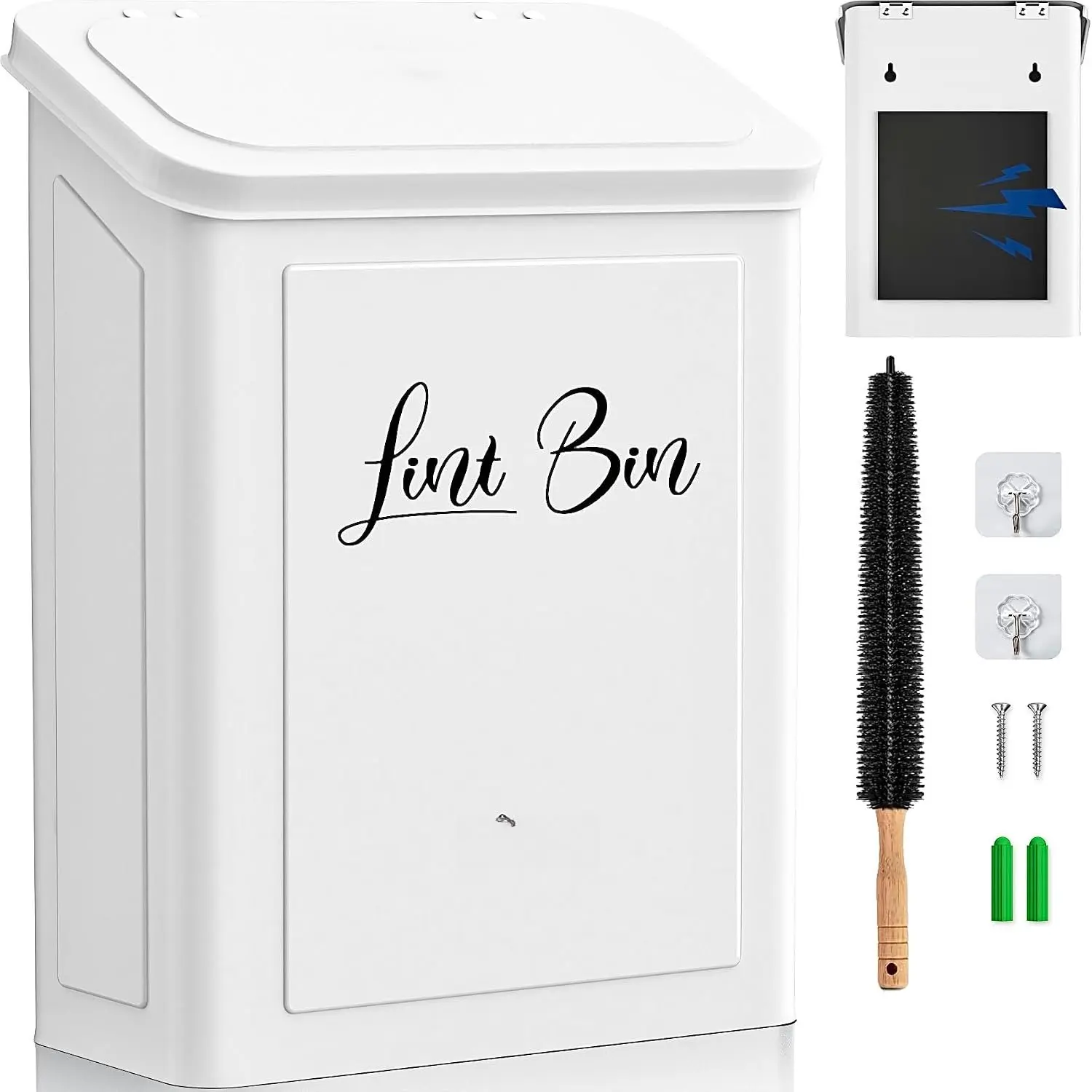 Lint Bin for Laundry Room with Dryer Lint Brush, Wall Mounted Metal Trash Can with Lid for Dryer, Space-Saving Laundry Organization and Storage, White