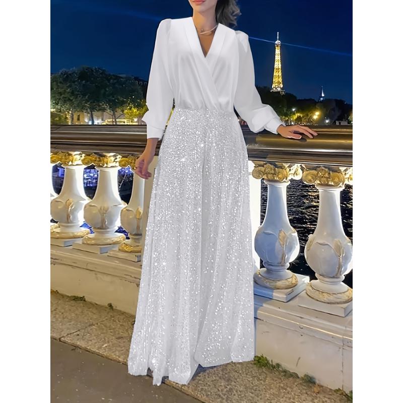 [Glamorous Emerald Dress] Elegant Emerald Green Sequined V-Neck Maxi Dress - A-Line Evening Gown for Women, Polyester Spandex Blend, Long Sleeve, Perfect for Spring & Fall, Glamorous Parisian Style, Fall Clothing | Aline Silhouette