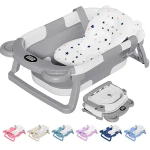 Collapsible Baby Bathtub, Baby Bath Tub with Soft Cushion & Real-Time Thermometer, Baby Bathtub Infant to Toddler Tub (0-36 Months), Portable Newborn Travel Bath tub