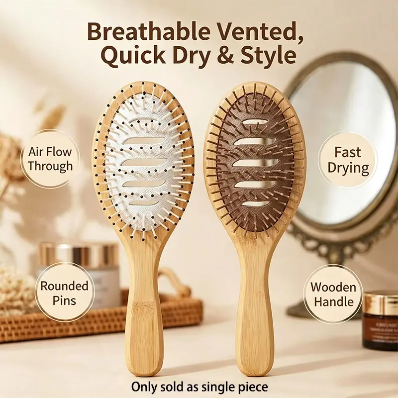 Hollow Out Air Cushion Hair Brush, Bamboo Ventilated Paddle Brush with Round Massage Bristles, Heat-Conductive Quick Dry Styling Comb for Fluffy Hair, Natural Wooden Handle, Gentle on Scalp