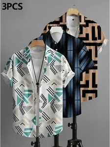 3-Pack Summer Luxury Business Style Men's Abstract Geometric Print Short Sleeve Shirt, Loose Fit, Casual, All Seasons