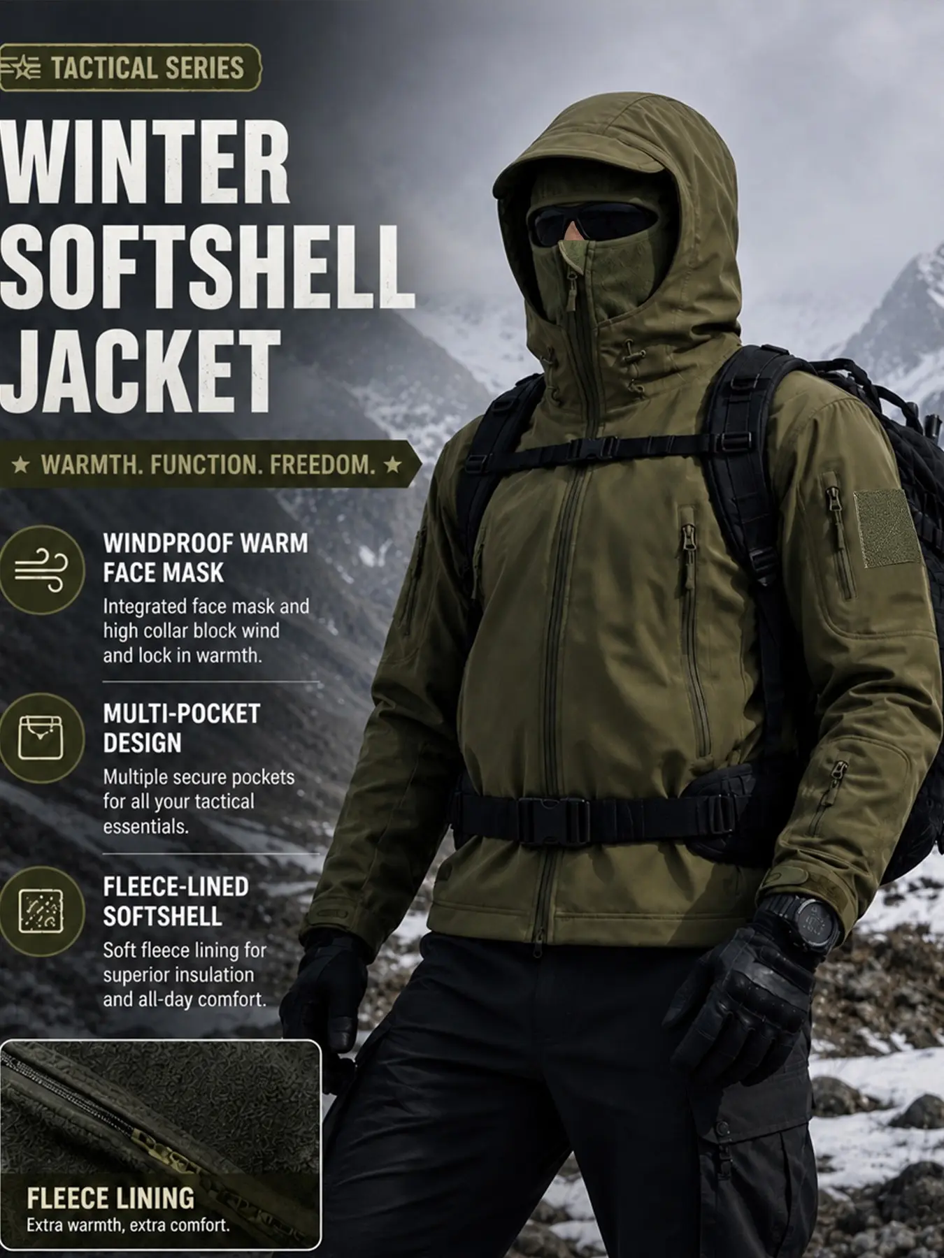 Tactical Softshell Jacket with Face Mask, Shark Skin Hooded Windproof Coat,Multi Zipper Pockets, Hook & Loop Patch Panel, Adjustable Cuffs, for Hiking Hunting Motorcycle Camping Outdoor Men, Windproof Outerwear