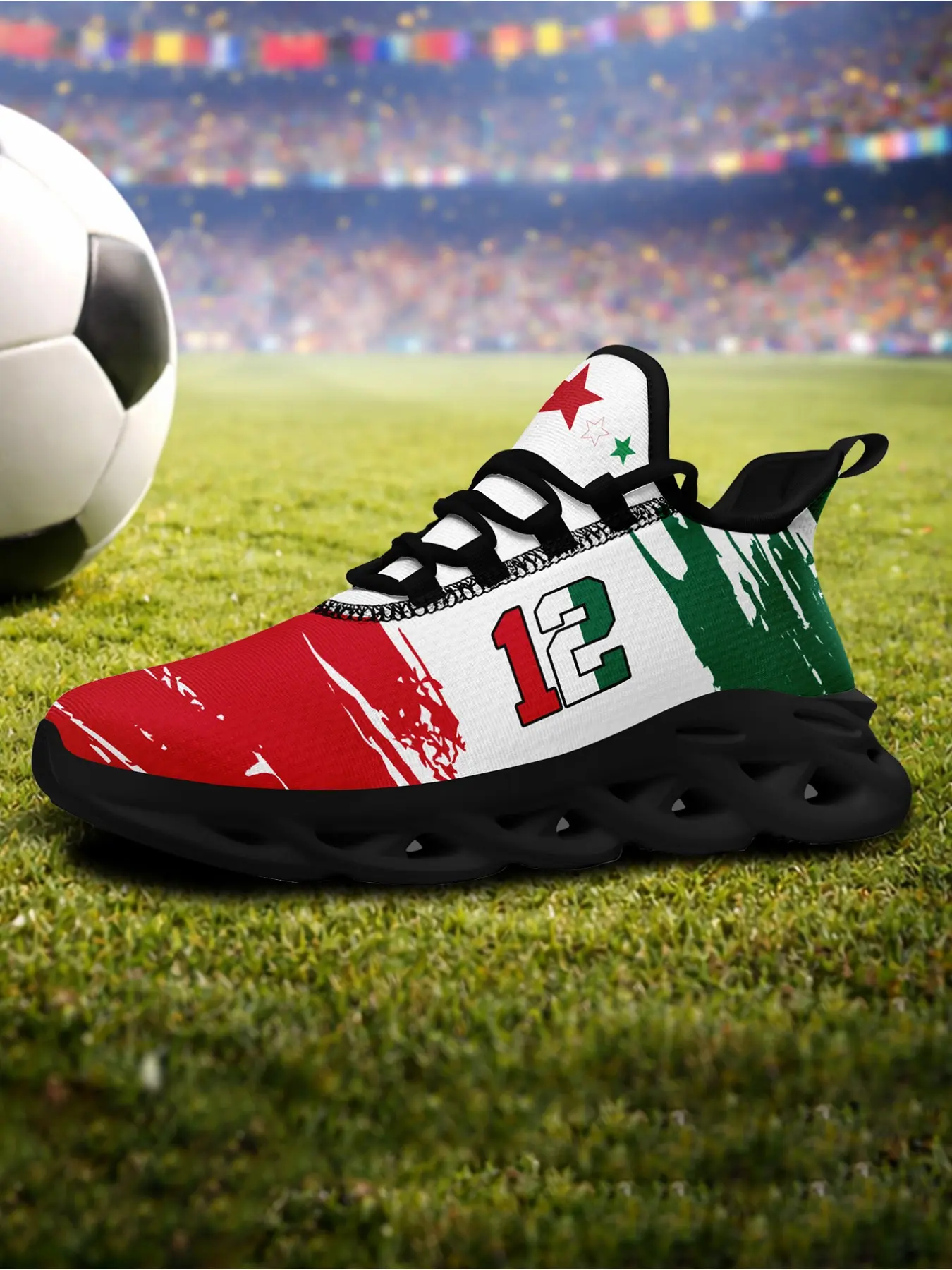 Men's Shoes Red Green White Star Number 12 Print Breathable Sport Sneakers, Plus Size, Casual Running Shoes for Daily Walking, Gym & Outdoor