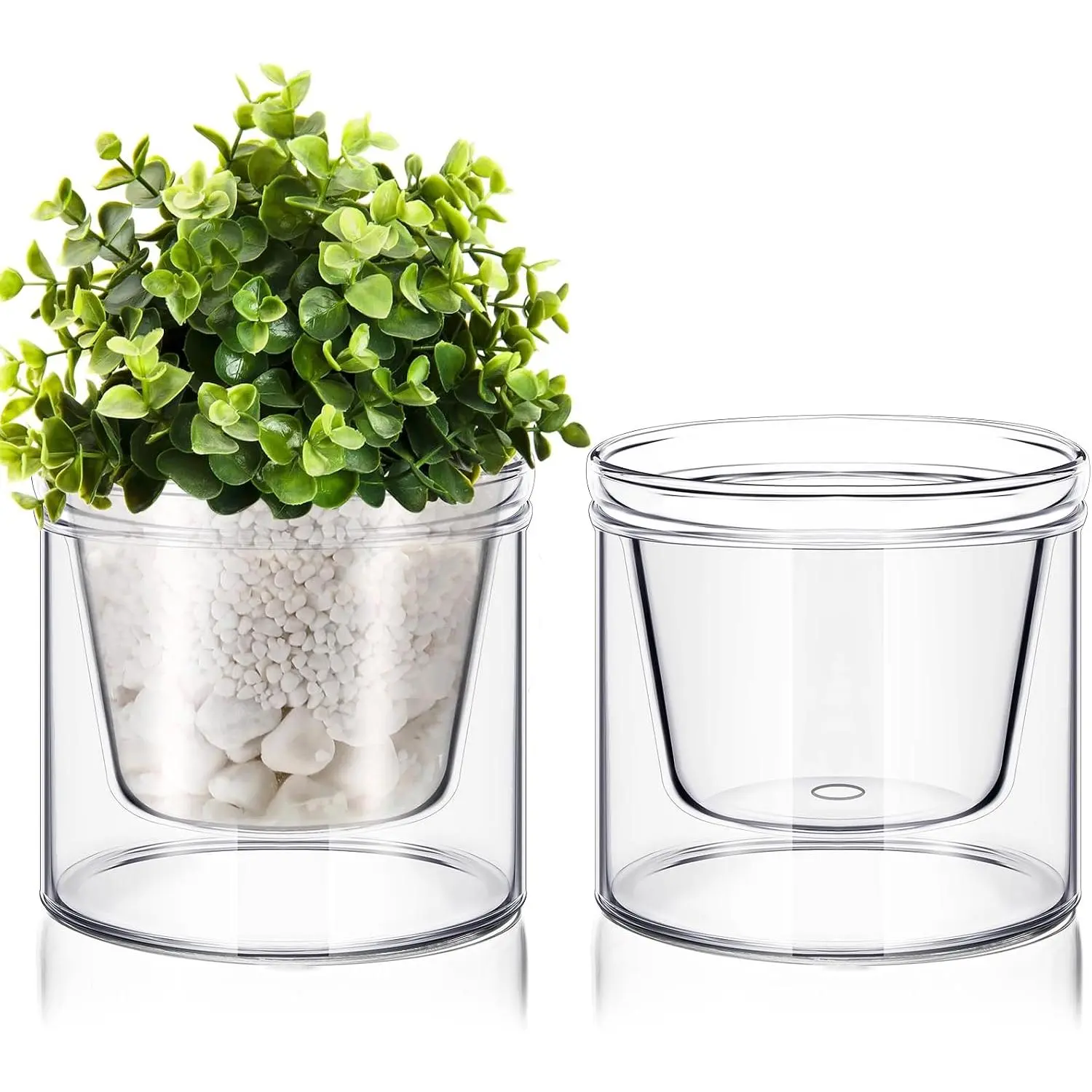2 Pcs 4 Inch Self Watering Pot for Indoor Plants Clear Glass Planter Small Plant Pot with Saucer Reservoir Drainage Holes Bottom Watering Pot for African Violet Orchid Flowers Houseplant