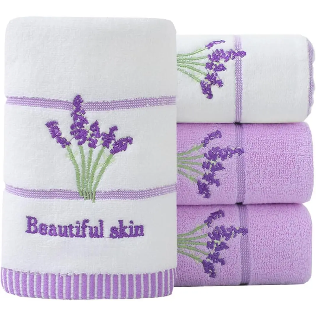 Hand Towels Set of 4 Lavender Floral Pattern 100% Cotton Soft Absorbent Decorative Towels Bathroom (2 White 2 Purple)