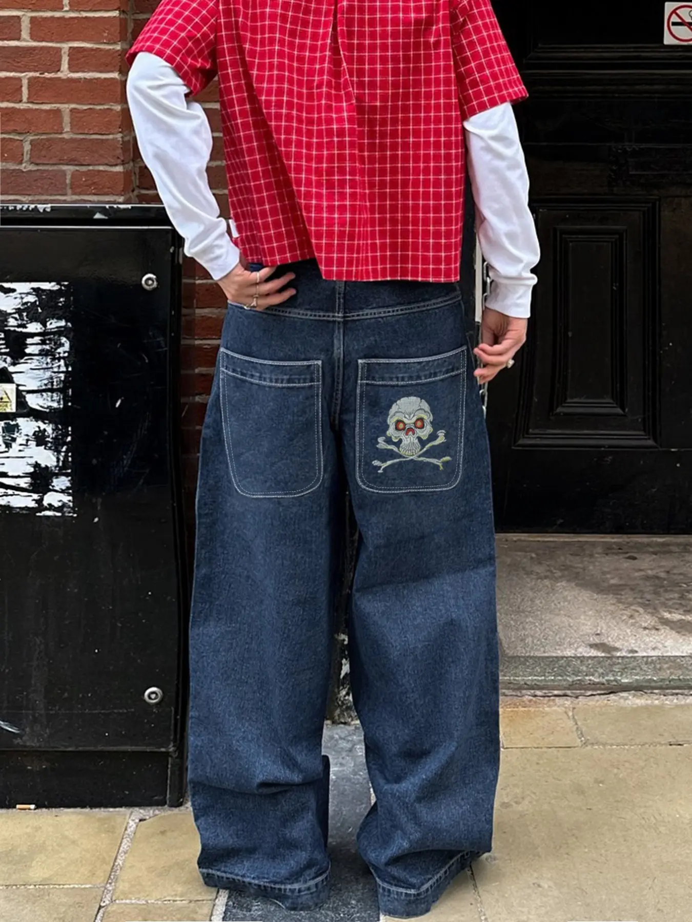 Men's New Embroidered Denim Jeans, Halloween Festival Clothing, Skull Patch Wide Leg Jeans, Comfortable Street Style, All Seasons