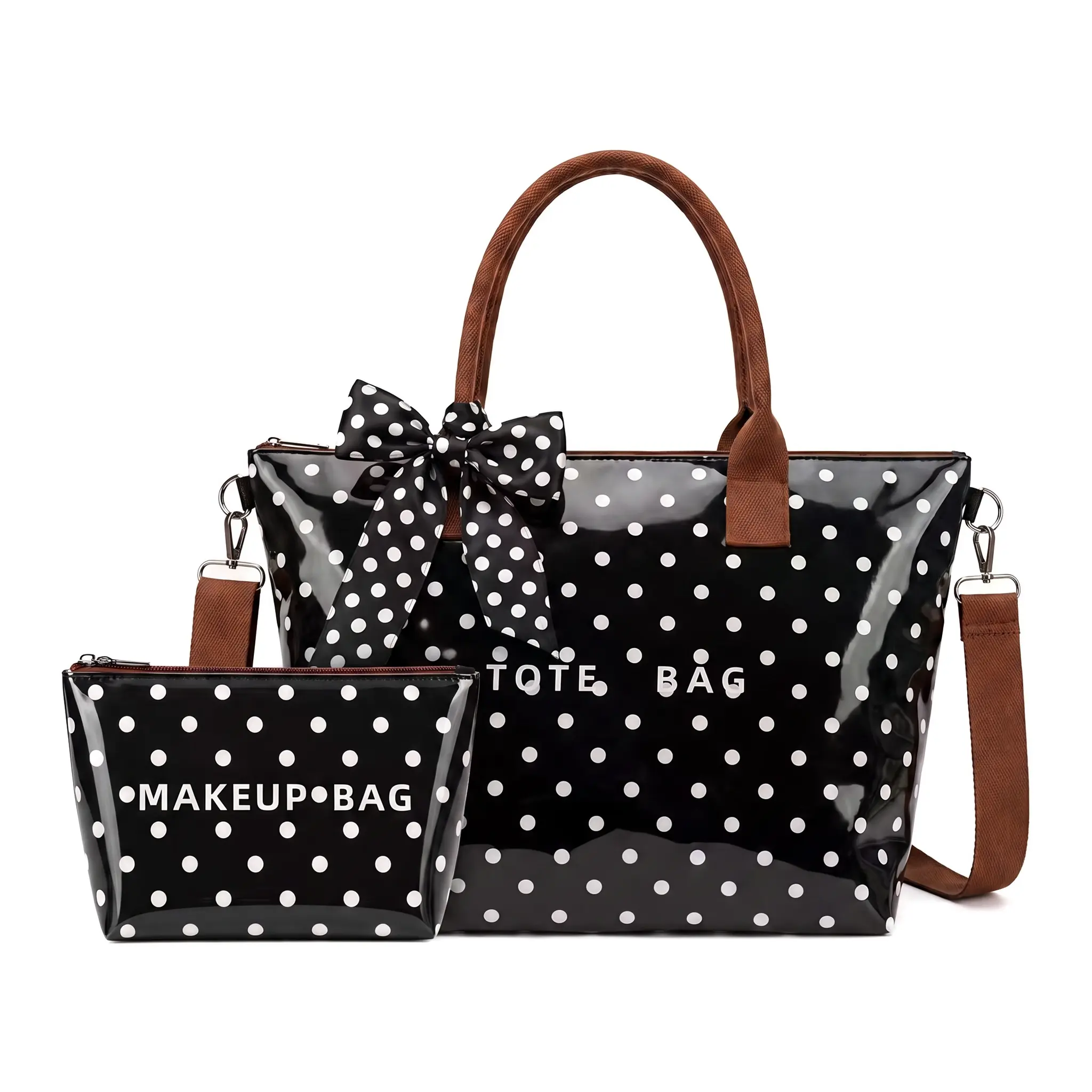 Women's Japanese Style PVC Tote Bag - Lightweight, Chic Look, Contrast Color Polka Dot, Medium Size, Zip Closure, Patent Leather Handbag for Casual Wear Daily Outfit