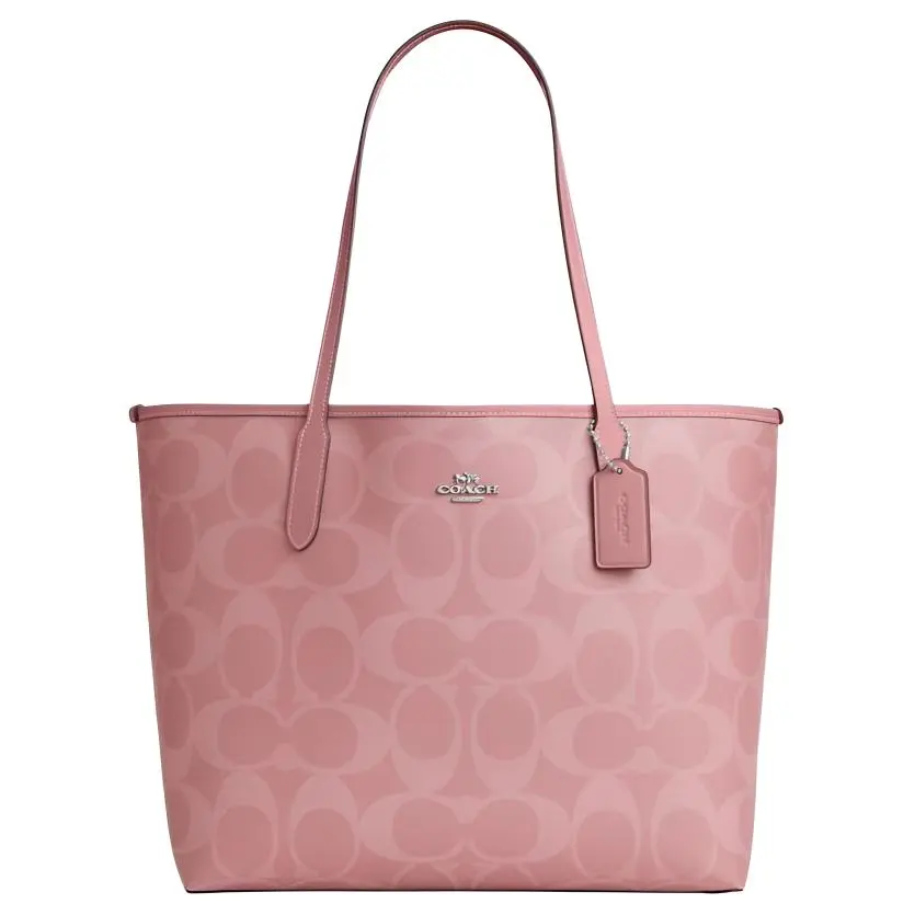 Coach City 33 Double C Monogram Tote Bag for Women, Faux Leather Shoulder Bag, Large Size, Pink