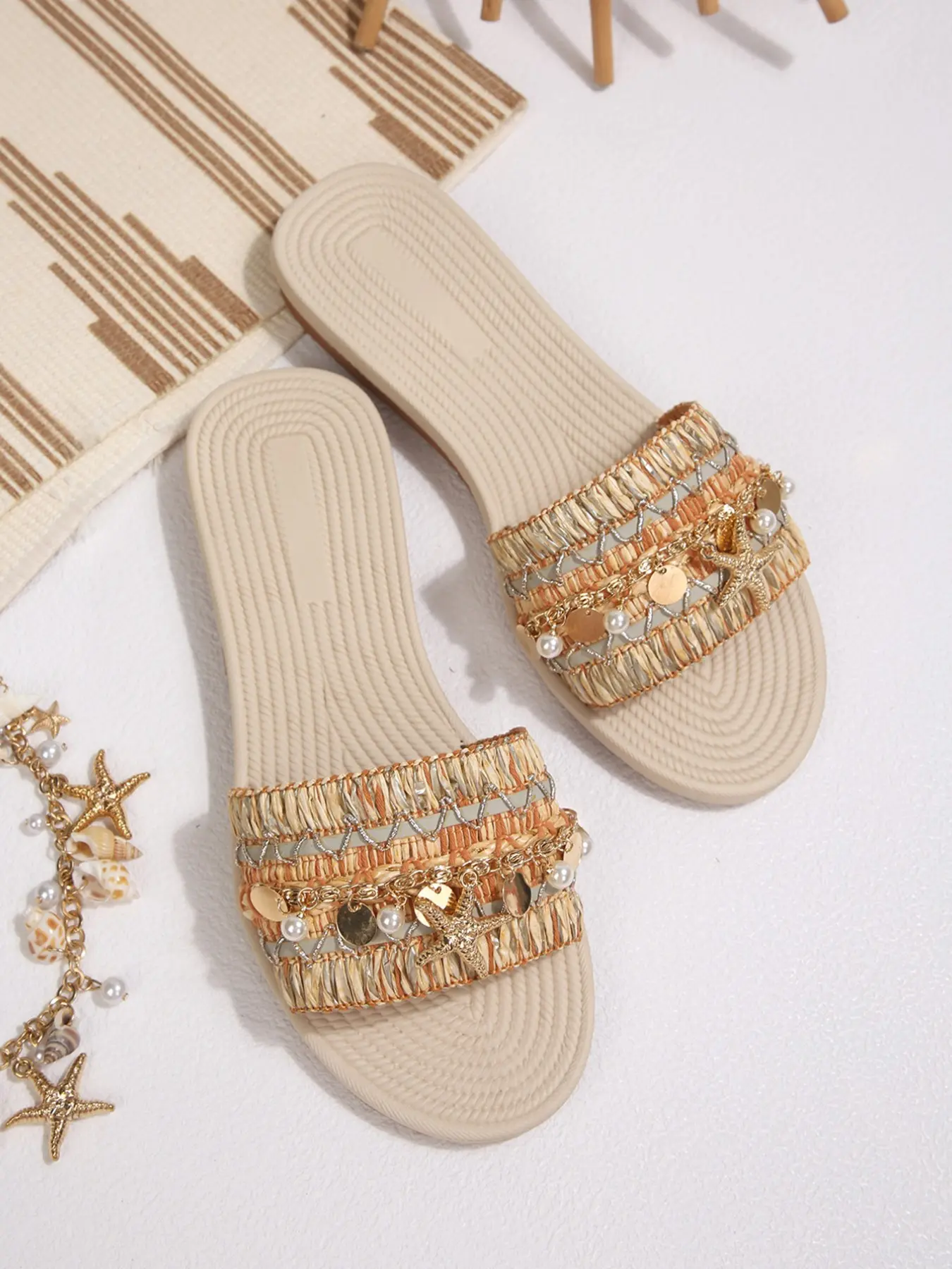 Women Boho Raffia Woven Slide Sandals, Starfish Pearl Charms, Flat Open Toe, Non-Slip Casual Mules, Summer Beach Vacation Footwear
