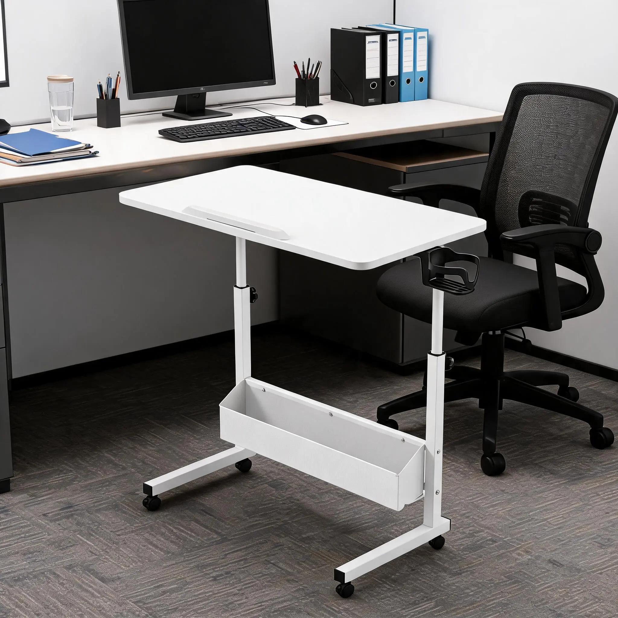 Rolling Folding TV Tray Table, Height & Tilt Adjustable Mobile Side Laptop Desk with Lockable Casters,Wood Sofa Eating Table