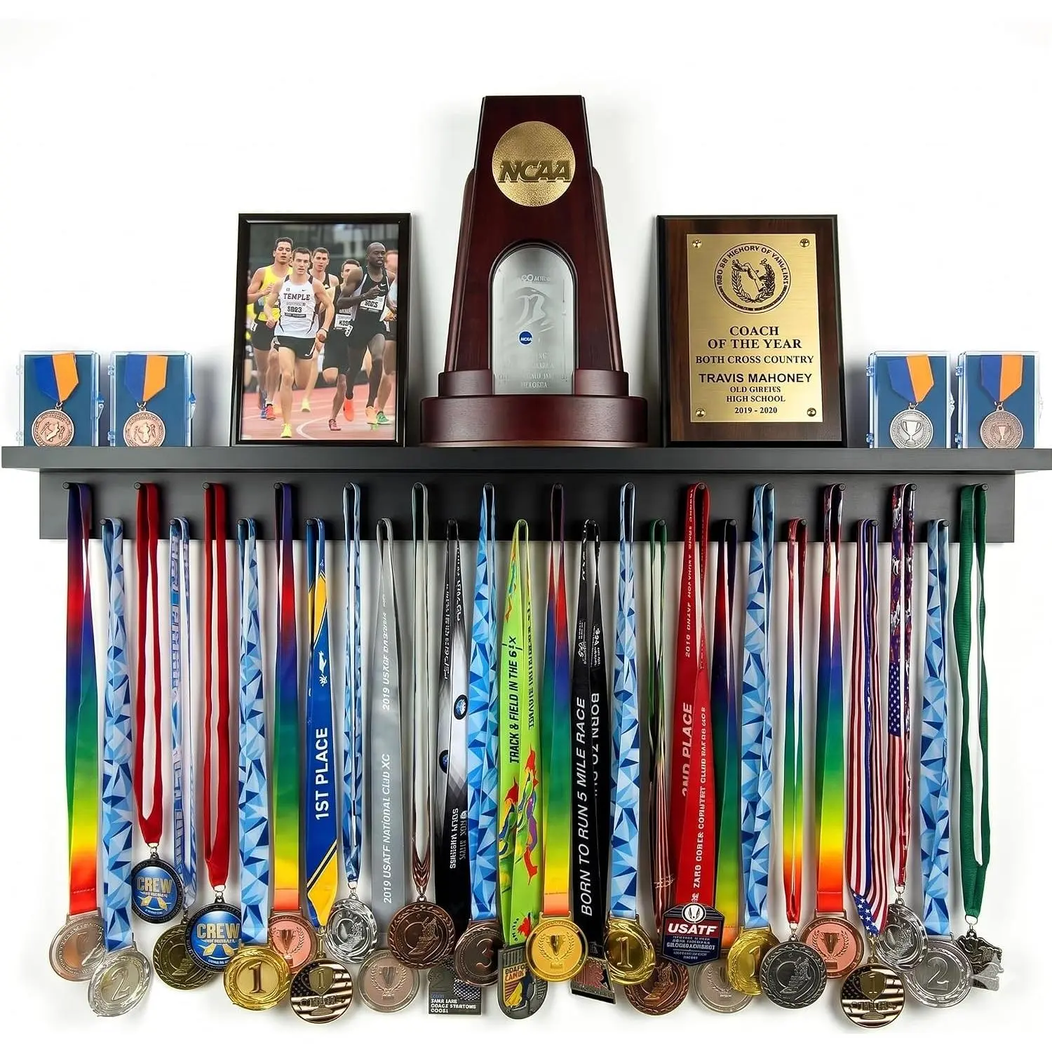 3ft- Ultimate Medal Hanger Display and Trophy Shelf - Multi-Sport Trophy and Medal Holder for Medal Display, Plaques, Pictures, Trophies and more. Solid Wood - Large 36" - Black