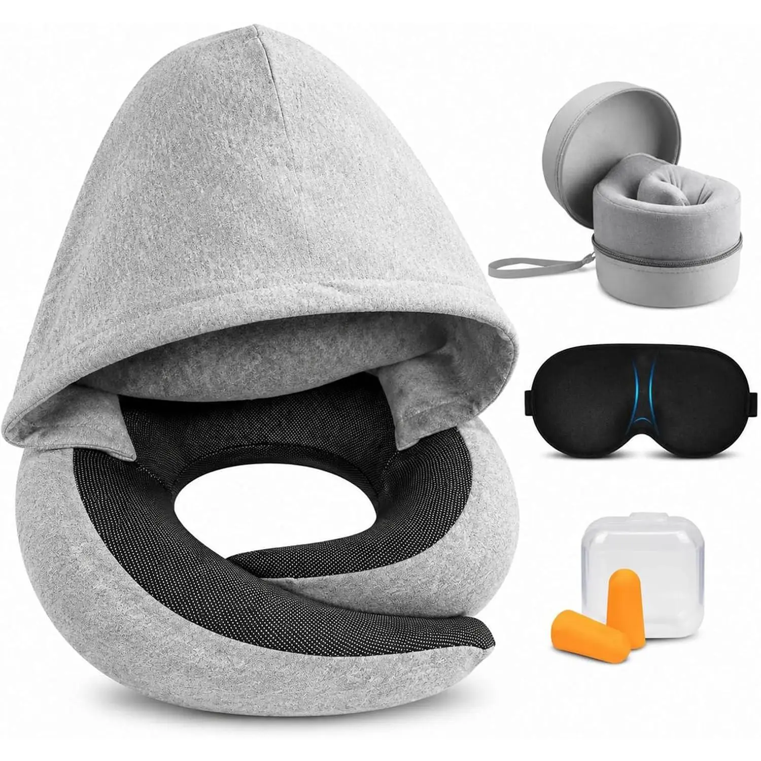 Travel Pillow with Hood - Neck Pillow for Airplane| Soft Travel Neck Pillow, 360°Head for Long Flight, Car, Office, Set with Eye Mask, Earplugs, Case, Light Gray