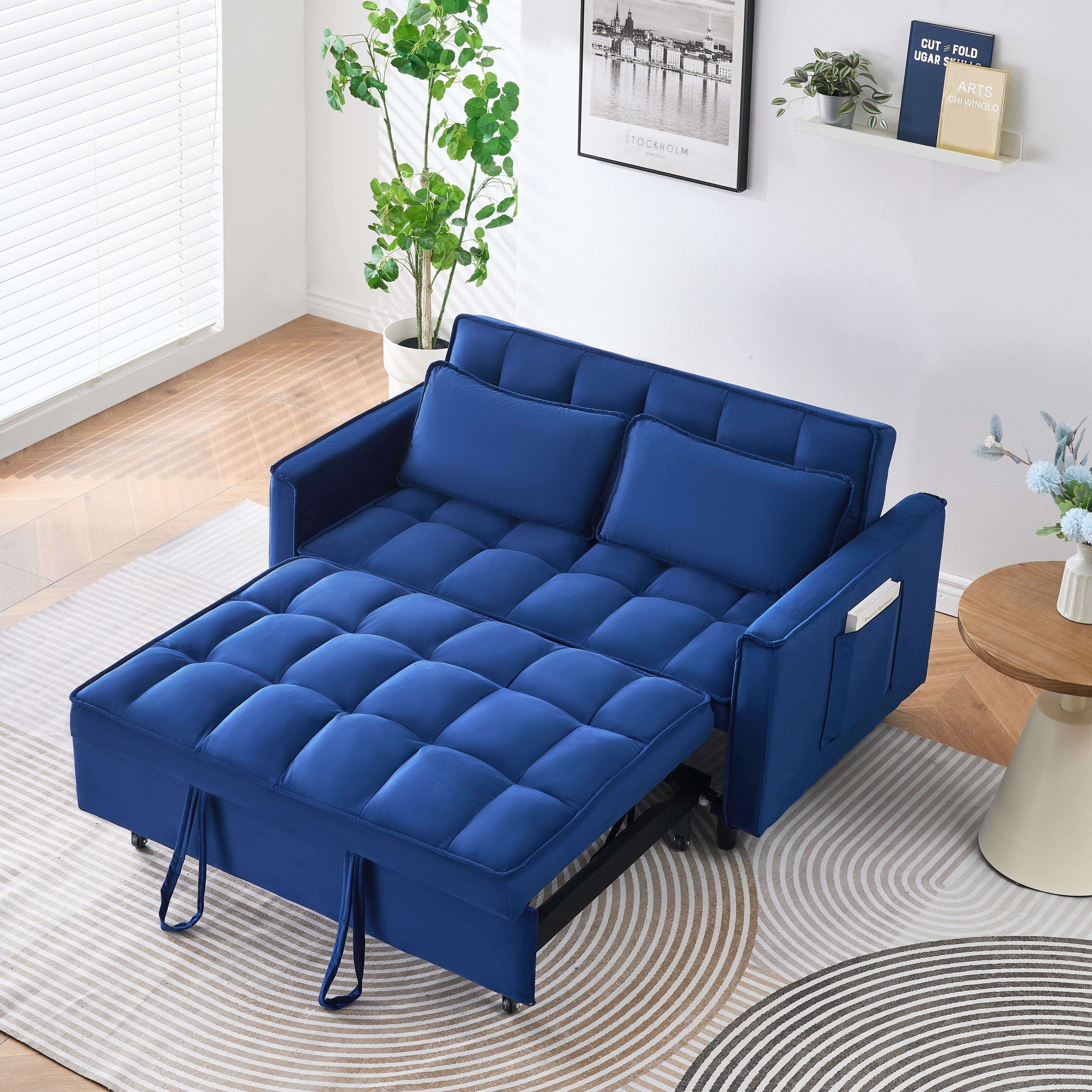 [Bellemave]The 55-inch dreamlike blue velvet sofa is elegant and convenient with pockets, cleverly interpreting the art of three-in-one conversion.