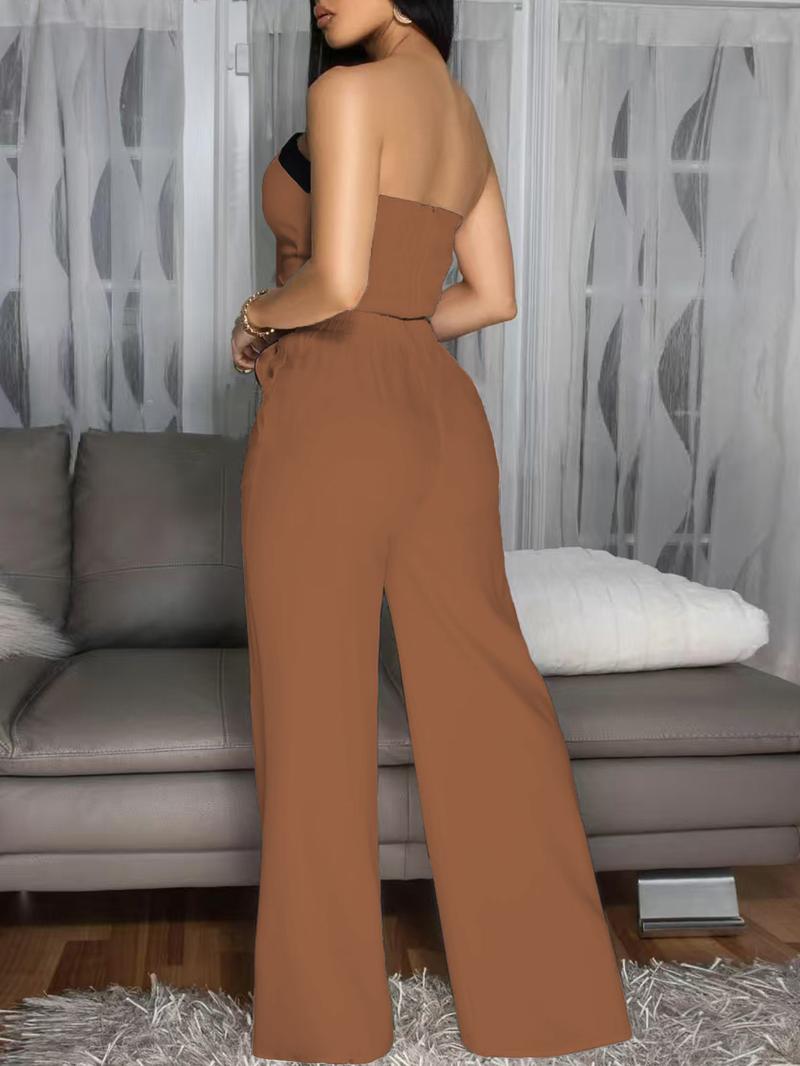 Women's Colorblock Crop Tube Top & Wide Leg Pants Two-piece Set, Casual Fashion Cozy Two Piece Outfits for Daily Outdoor Wear, Ladies Clothes for Summer, Office Siren Outfits