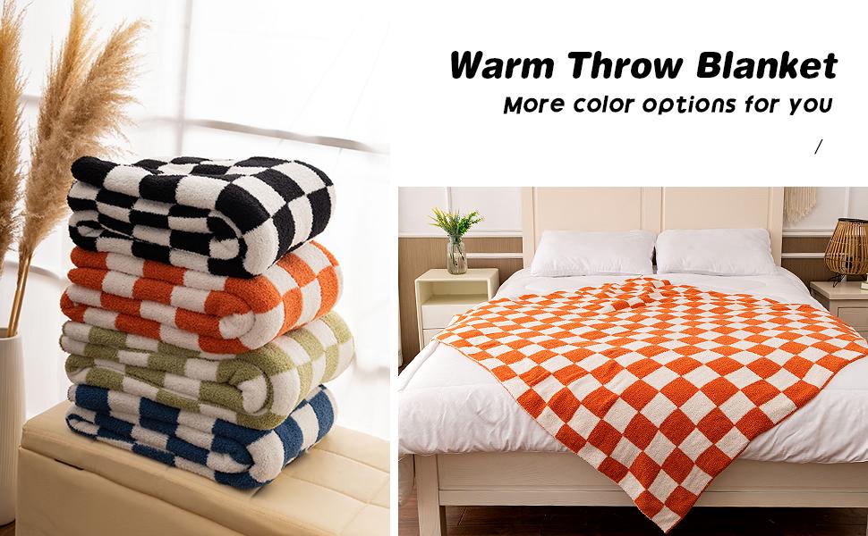 Cozy Knit Throw Blanket - Soft & Warm Checkerboard Grid Pattern for Couch, Bed - Gift for, Mom, Daughter (50x60 in, Orange)