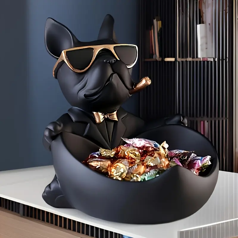A 1pc Large Storage Decorative Statue of a French Bulldog, in Black, Featuring Glasses And a Key Tray, an Animal-Themed Candy Organizer, Suitable for Home Office Desktop Decoration, Christmas, Thanksgiving, And New Year Gifts.
