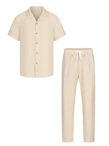 Old Money Style Men's Two-Piece Set, Cuban Collar Short Sleeve Shirt Long Pants, Loose-Fit Casual, All-Seasons, S-Xl