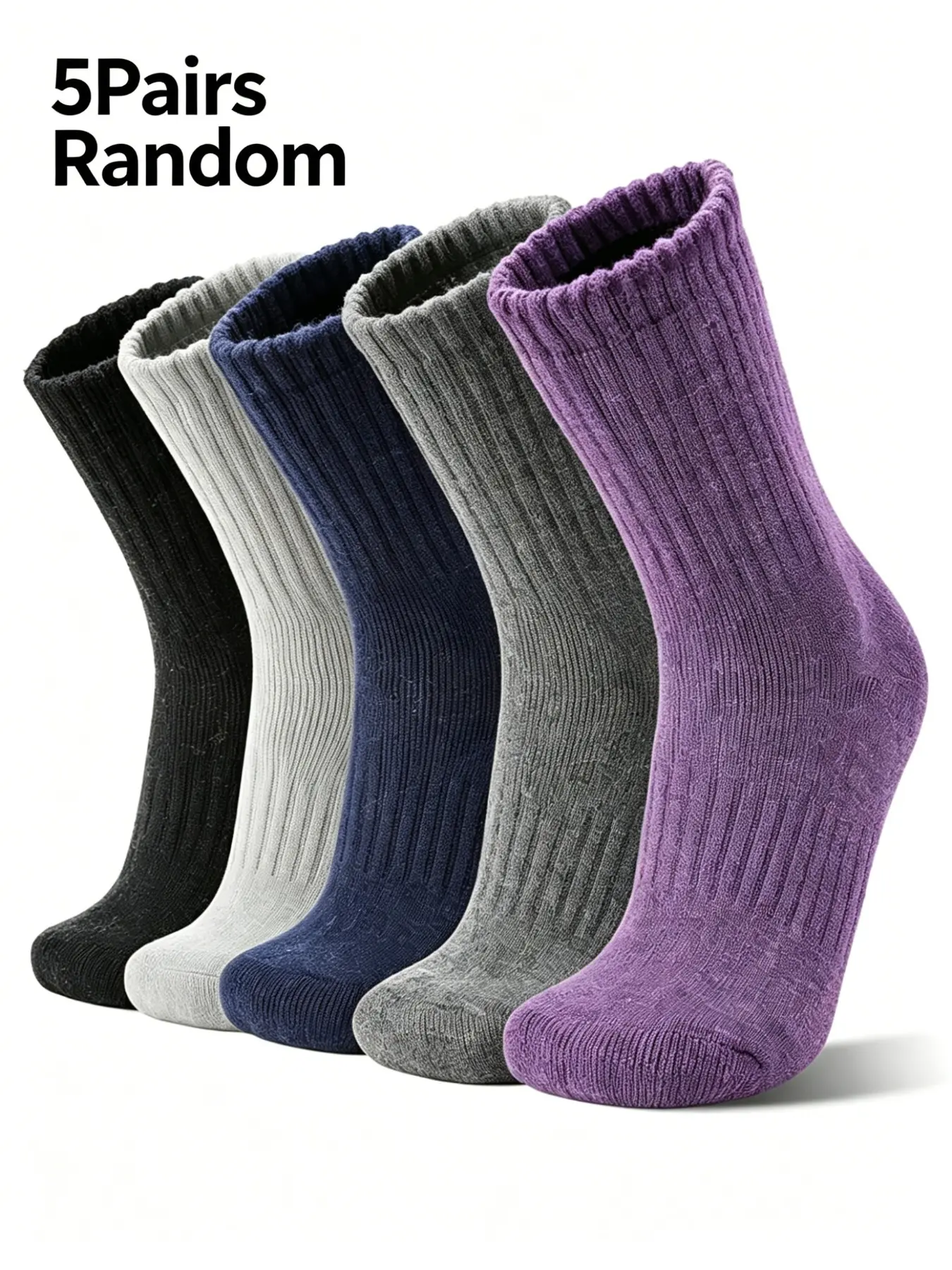 5 Pairs Random Vertical Ribbed Crew Socks, Vintage Muted Multicolor Mid Calf Stackable Socks, Elastic Breathable Solid Casual Daily Socks for Women Street Campus Home Outfits
