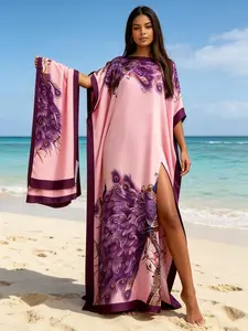 Plus Size Women's Baby Pink Border Purple Floral Print Maxi Kaftan Dress with Matching Scarf 2 Piece Set, Loose Batwing Beach Cover Up, Loungewear Nightgown Pajama for Resort Pool Home Sleepwear