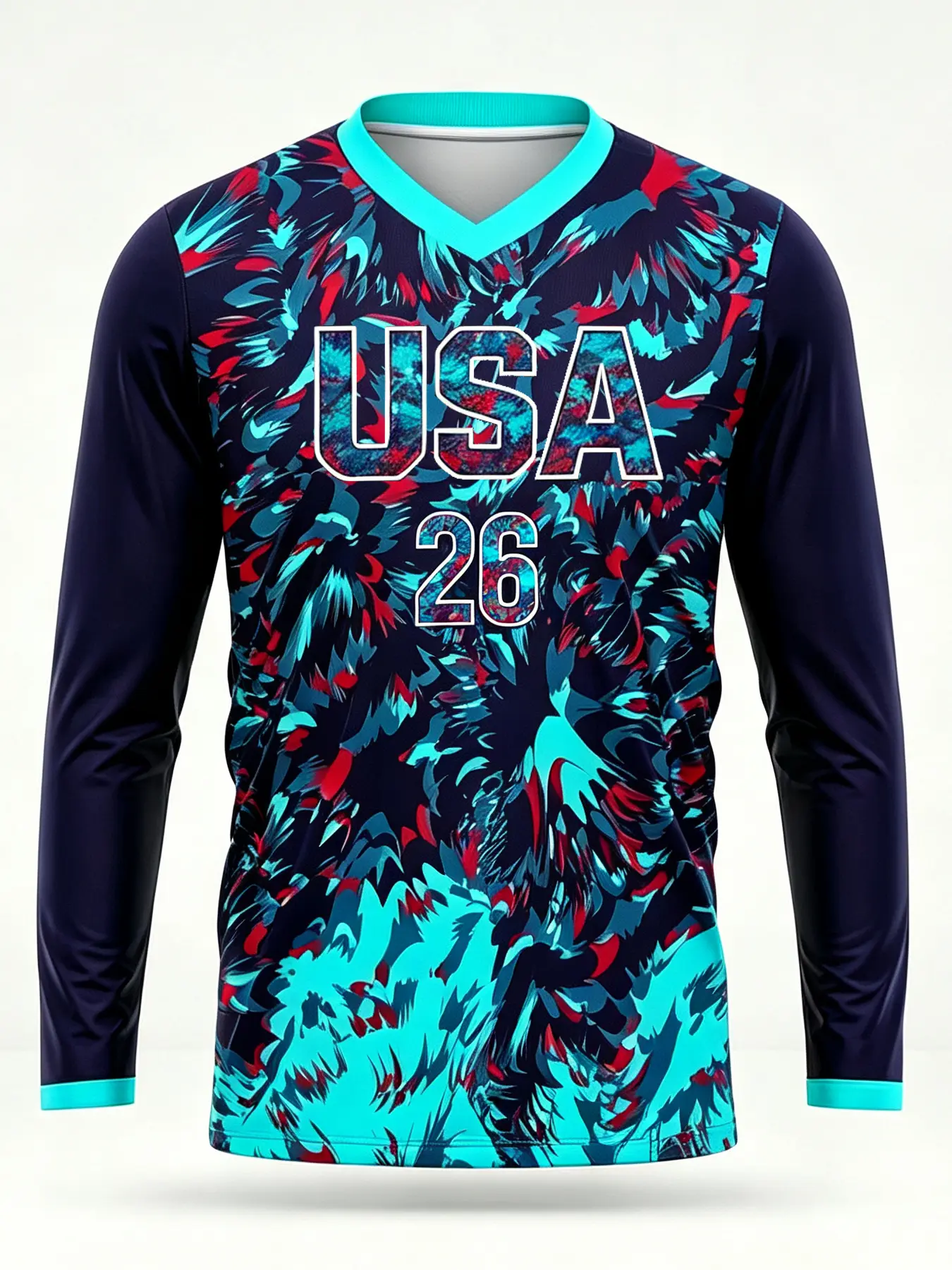 Color-block flame pattern printed V-neck quick-dry long-sleeve sports jersey with USA No.26 print
