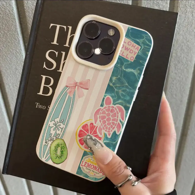 Tropical Citrus Hibiscus Phone Case, Teal Ocean Wave Summer Collage Clear Cover for iPhone 17 16 15 14 13 12 11 X Plus Pro Max, Beach Lover Gift